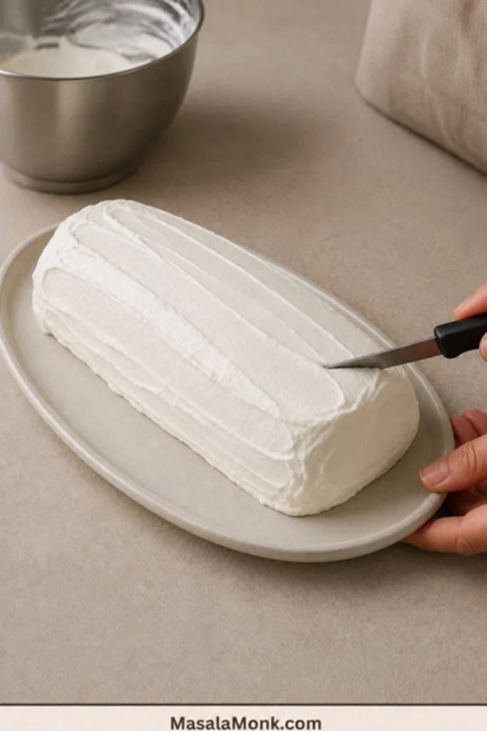 Thin knife entering the hidden rear side of a coated icebox cake while a hand steadies the serving platter.