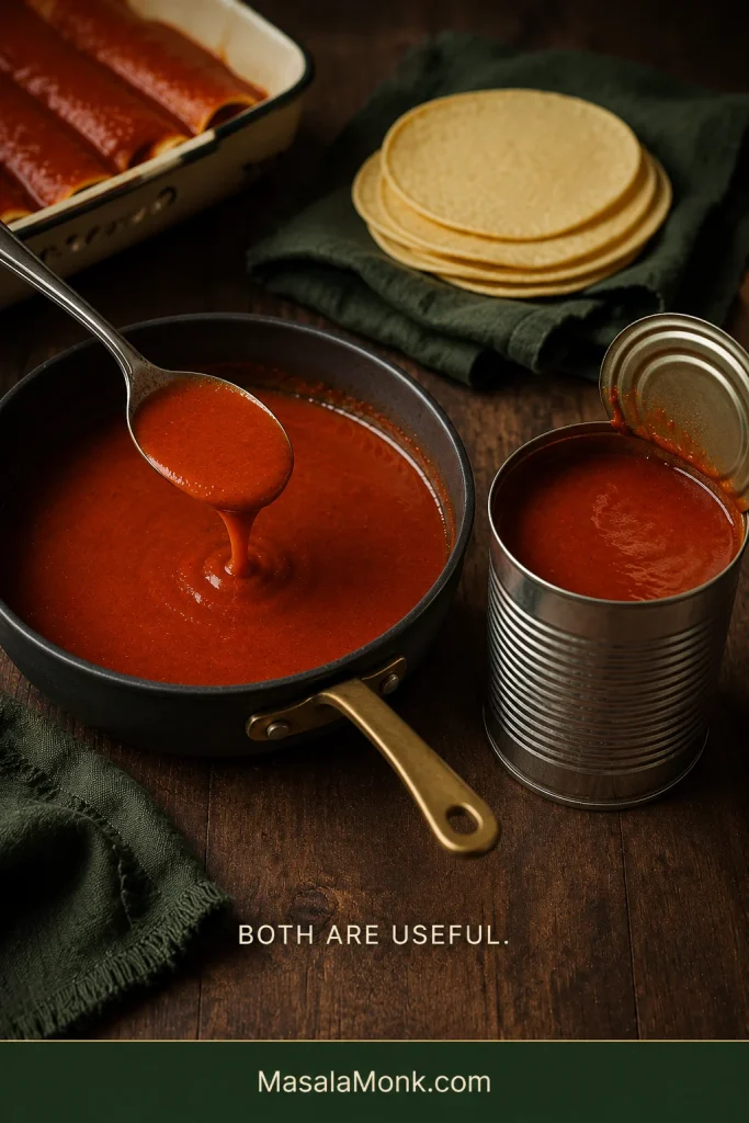Homemade red enchilada sauce in a saucepan beside an opened unbranded can of red enchilada sauce, with corn tortillas nearby.