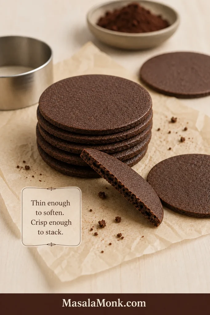 Stack of thin round homemade chocolate wafers on parchment, with one broken wafer showing its crisp edge.