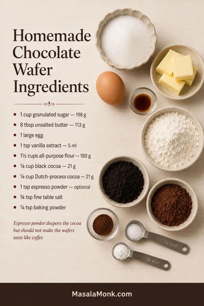 Overhead arrangement of sugar, butter, egg, vanilla, flour, black cocoa, Dutch-process cocoa, espresso powder, salt, and baking powder.