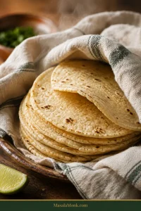 Warm stack of small homemade corn tortillas partly wrapped in a kitchen towel, with one soft tortilla folded above the stack and light toasted freckles on the surface.