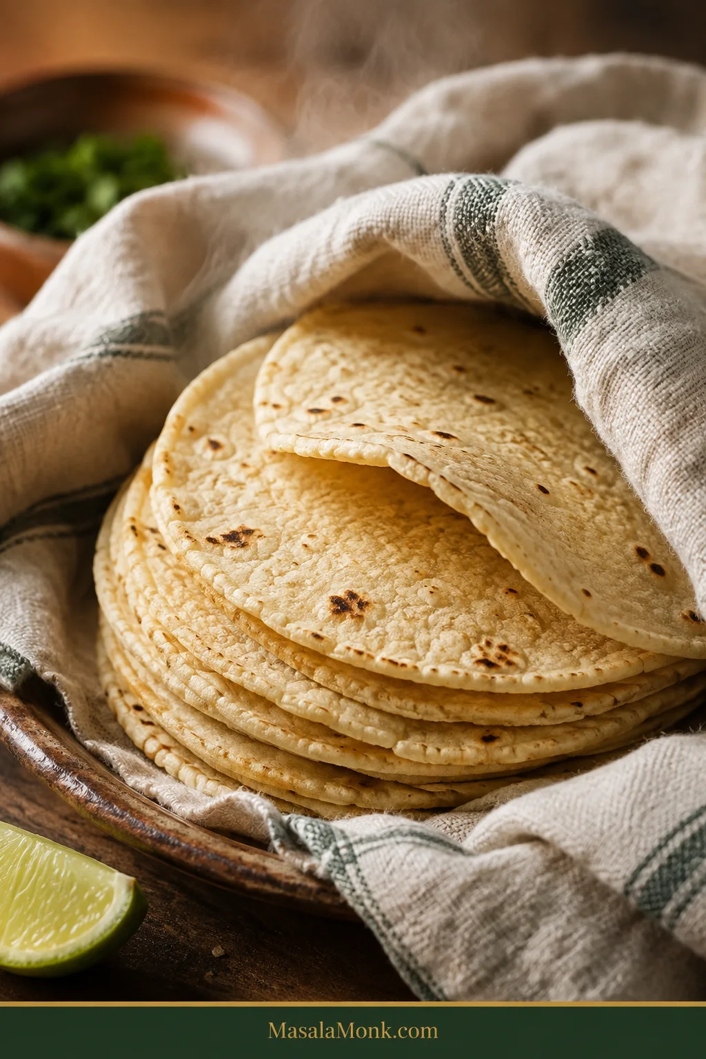 Warm stack of small homemade corn tortillas partly wrapped in a kitchen towel, with one soft tortilla folded above the stack and light toasted freckles on the surface.