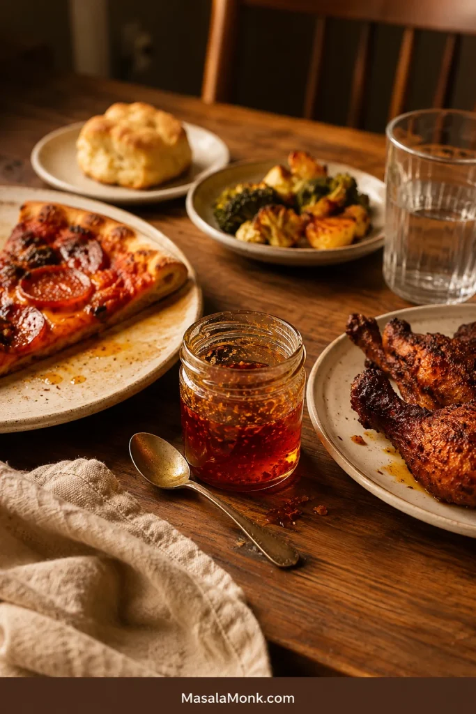 A partly served evening meal with pizza, crisp chicken, roasted vegetables and a biscuit surrounding a small used jar of hot honey on a wooden table.