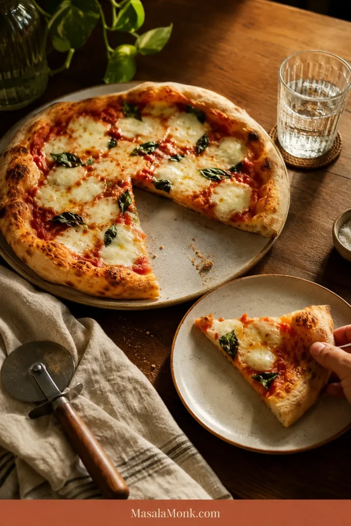 Partially eaten homemade Margherita pizza on a dining table with a slice on a plate, a hand, water glass, linen and pizza cutter.