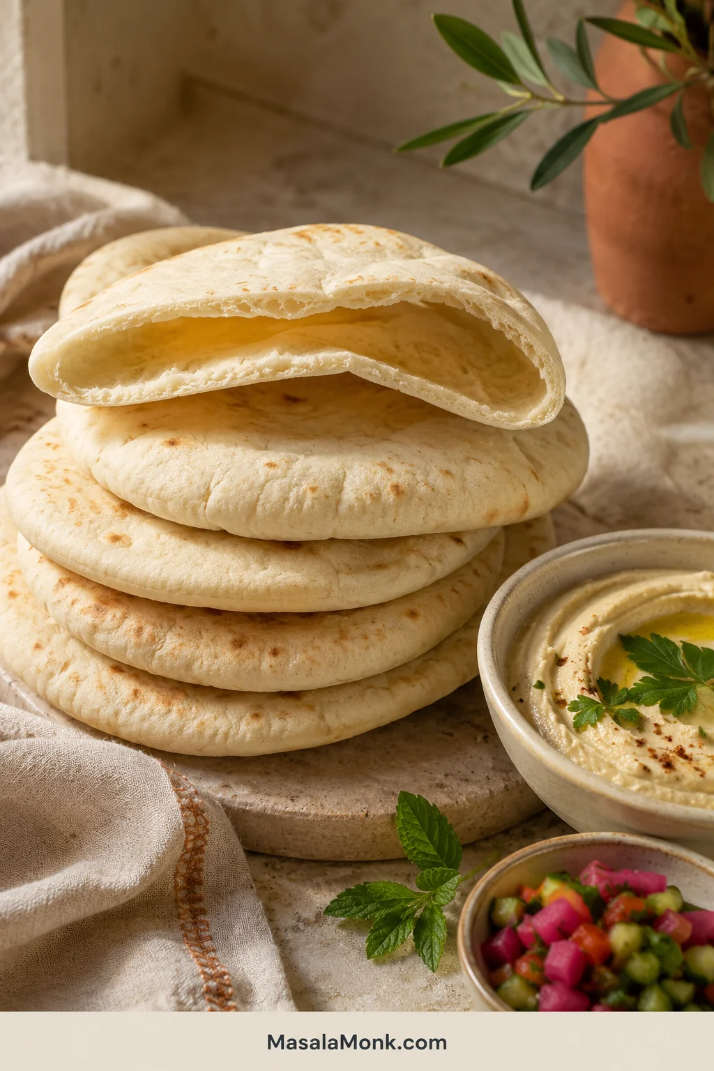 Stack of soft homemade pita with one bread cut open to show a hollow pocket beside a bowl of hummus.