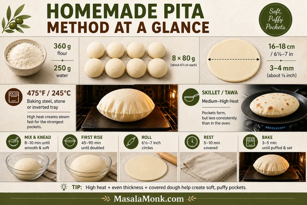 Pita method infographic showing flour and water weights, eight portions, rolling size, dough thickness and oven temperature.