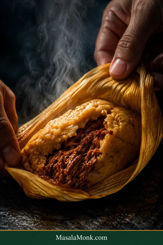 Hands peeling back the corn husk of a steaming pork tamale to reveal tender corn masa surrounding glossy shredded red chile pork filling.