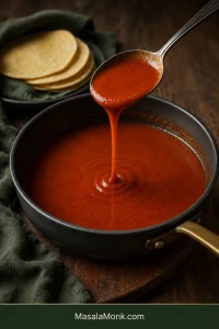 Spoon lifting smooth brick-red enchilada sauce from a dark saucepan, with a ribbon of sauce falling back into the pan and corn tortillas behind.