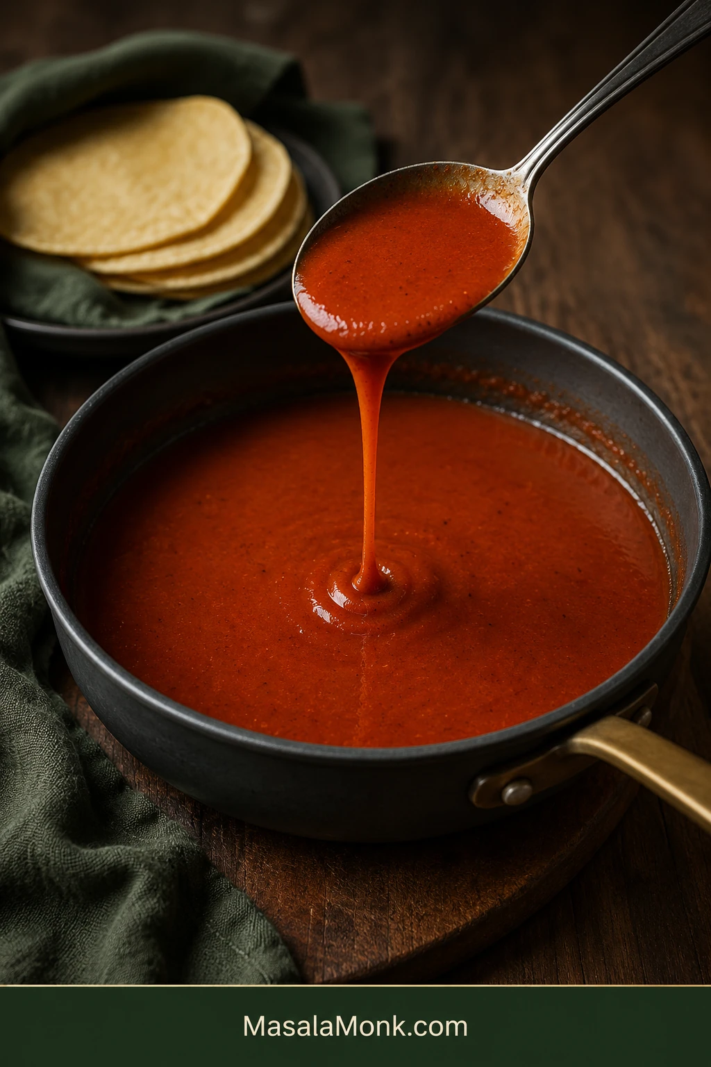 Spoon lifting smooth brick-red enchilada sauce from a dark saucepan, with a ribbon of sauce falling back into the pan and corn tortillas behind.