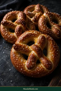 Several homemade soft pretzels with deep golden-brown crusts, darker raised curves, coarse salt and a light buttery sheen on a dark surface.