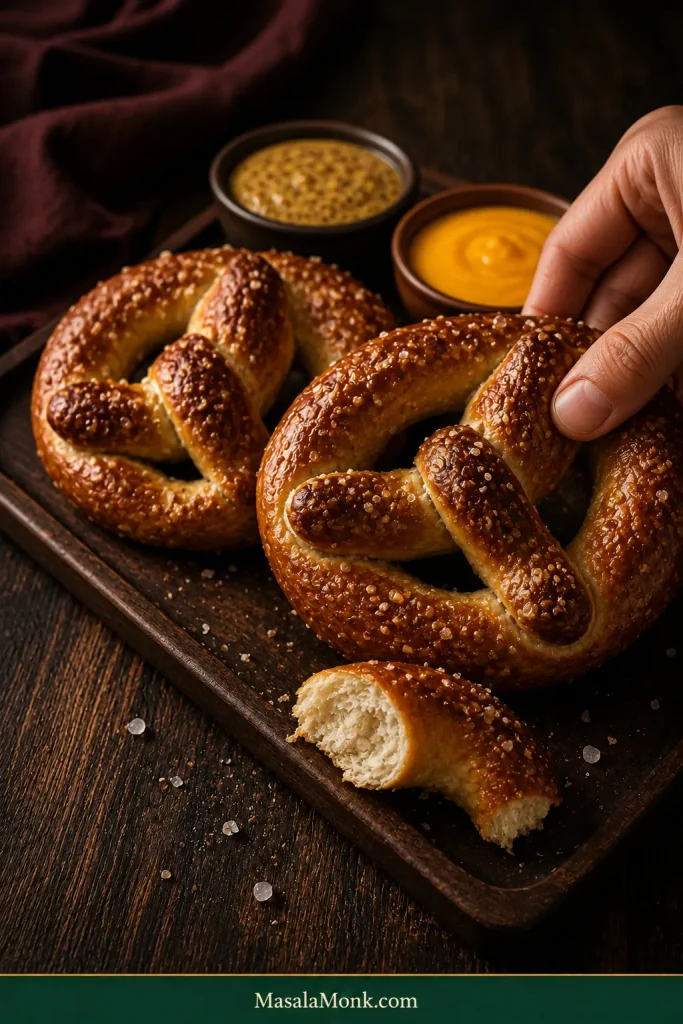 Freshly baked salted soft pretzels on a dark wooden tray with an exposed interior crumb, a hand reaching for a pretzel, and bowls of mustard and cheese sauce behind.