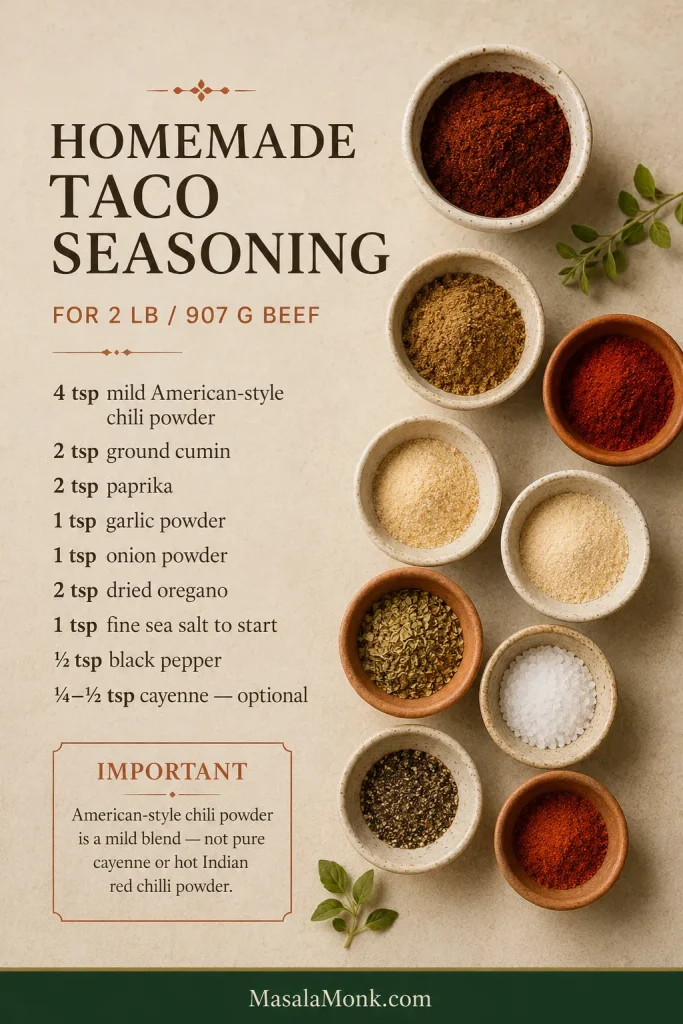 Homemade taco seasoning guide with measured spices for 2 pounds of beef and a warning that American-style chili powder is a mild blend rather than pure cayenne or hot Indian chilli powder.