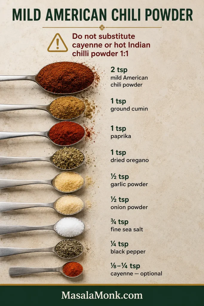 Measured taco-seasoning ingredients including mild American chili powder, cumin, paprika, oregano, garlic powder, onion powder, fine sea salt, black pepper and optional cayenne, with a warning not to substitute very hot chilli powder or cayenne one-for-one for American chili powder.