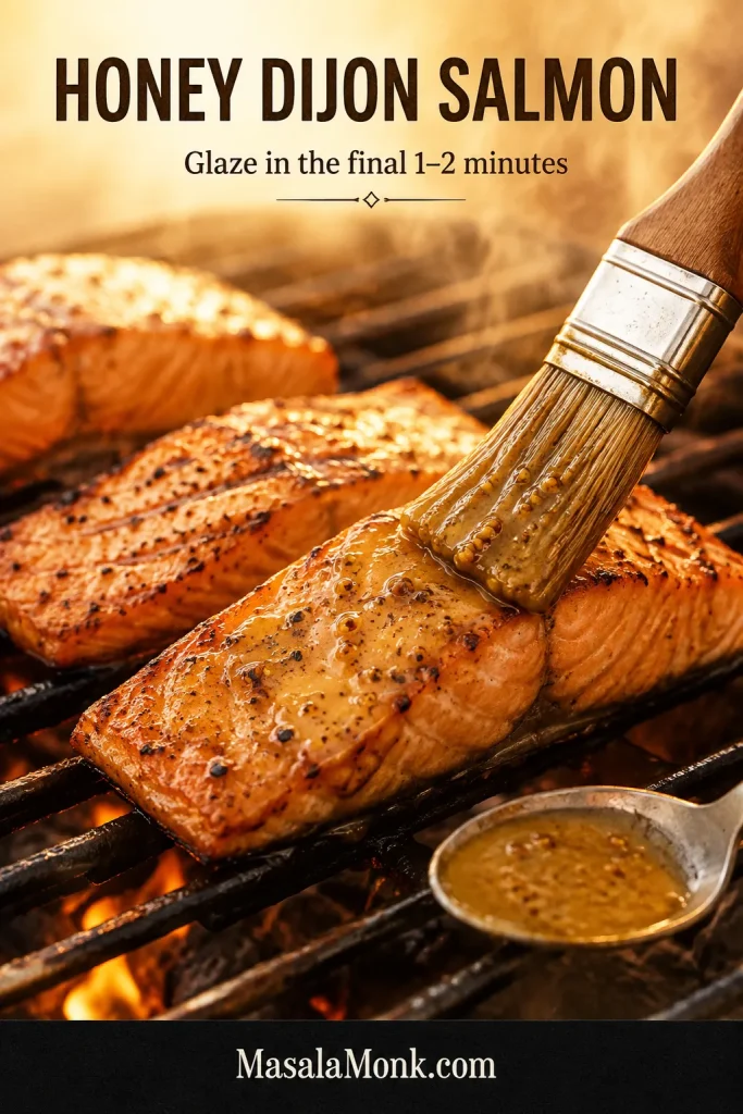 Brush applying golden honey Dijon glaze to the flesh of a nearly cooked salmon fillet on the grill.