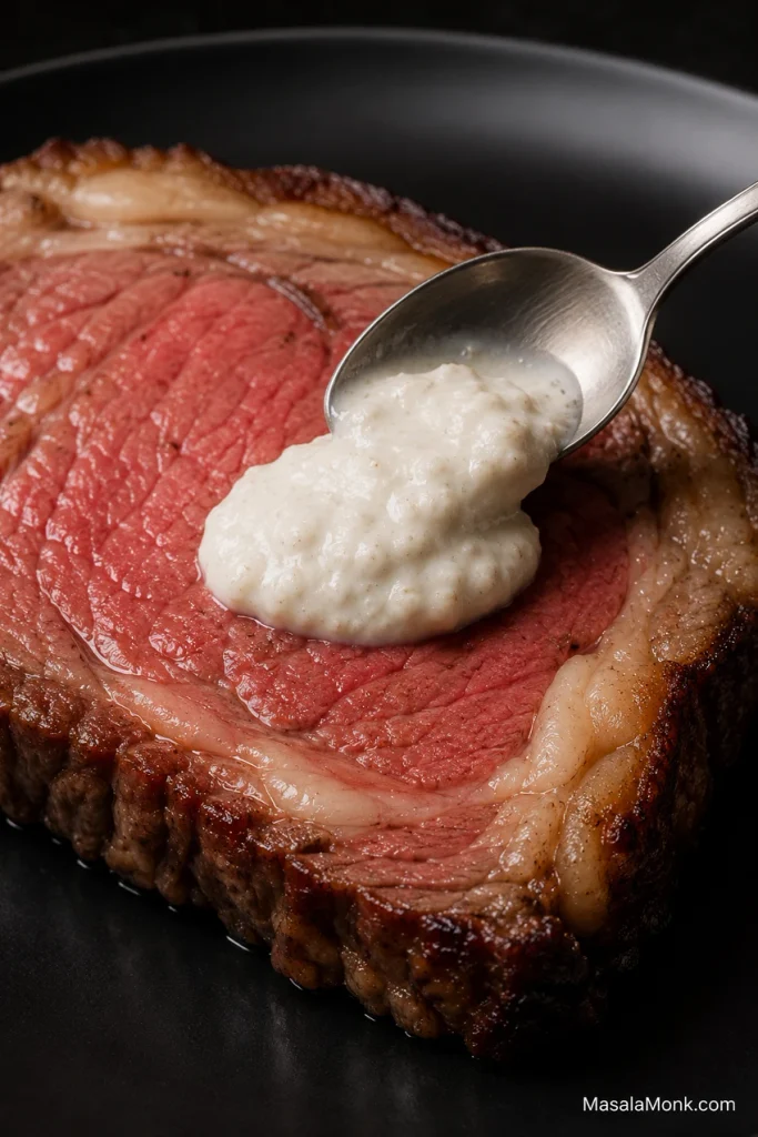 Spoonful of thick white horseradish sauce holding its shape on a slice of medium-rare prime rib.