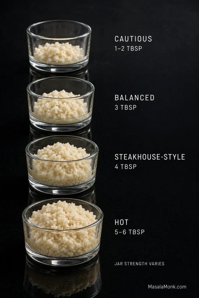 Four identical glass cups show prepared horseradish amounts labeled cautious 1–2 tablespoons, balanced 3, steakhouse-style 4, and hot 5–6 tablespoons.
