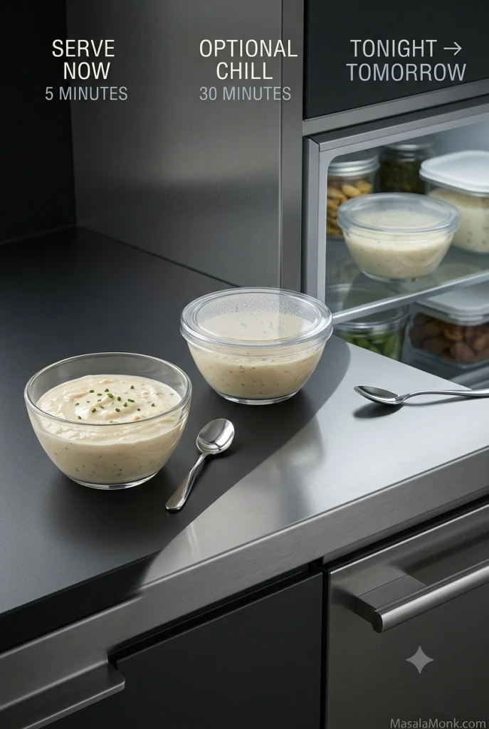 Horseradish sauce shown ready to serve, chilled for 30 minutes, and refrigerated overnight for make-ahead preparation.