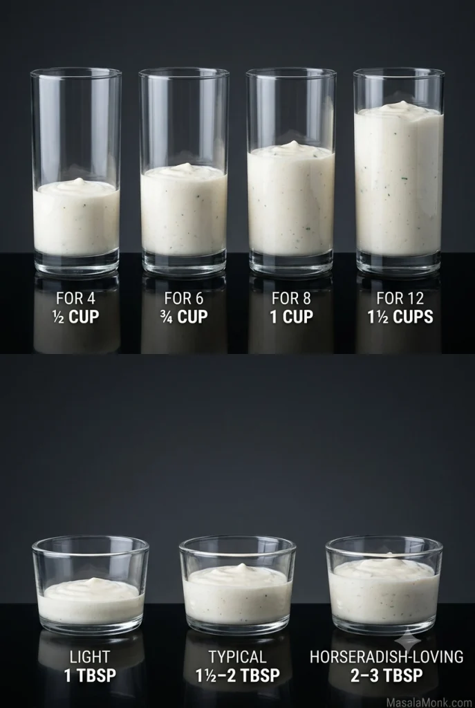 Identical containers compare 1 to 3 tablespoon personal portions and ½, ¾, 1, and 1½ cup batches for 4, 6, 8, and 12 people.