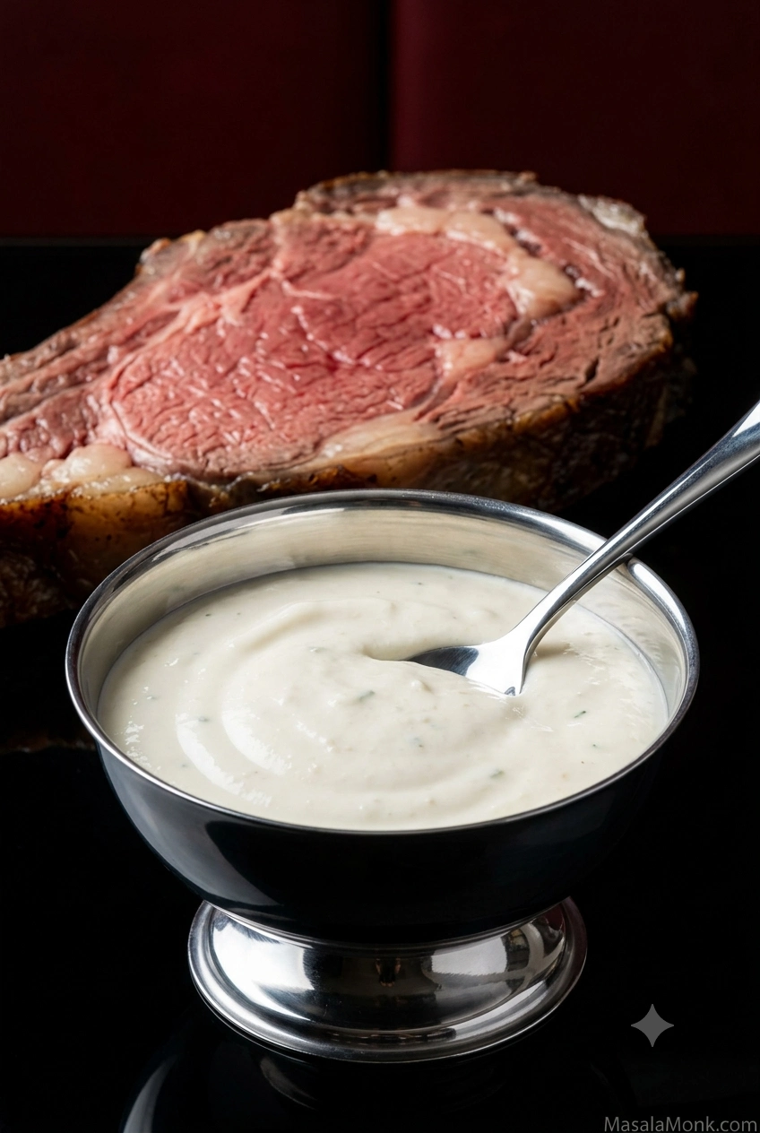 Bowl of creamy horseradish sauce in front of sliced medium-rare prime rib on a dark red and black table.