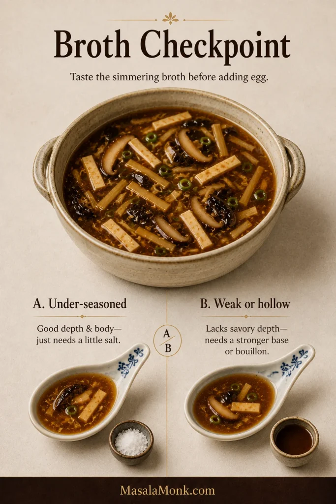 Broth checkpoint guide showing the same pre-egg hot and sour soup with two tasting paths: under-seasoned broth needing salt and weak or hollow broth needing a stronger base or bouillon.