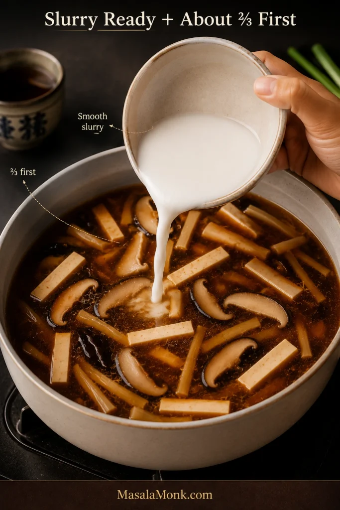 Smooth cornstarch slurry being poured from a small bowl into a pot of pre-egg hot and sour soup, with a cue to add about two-thirds first.