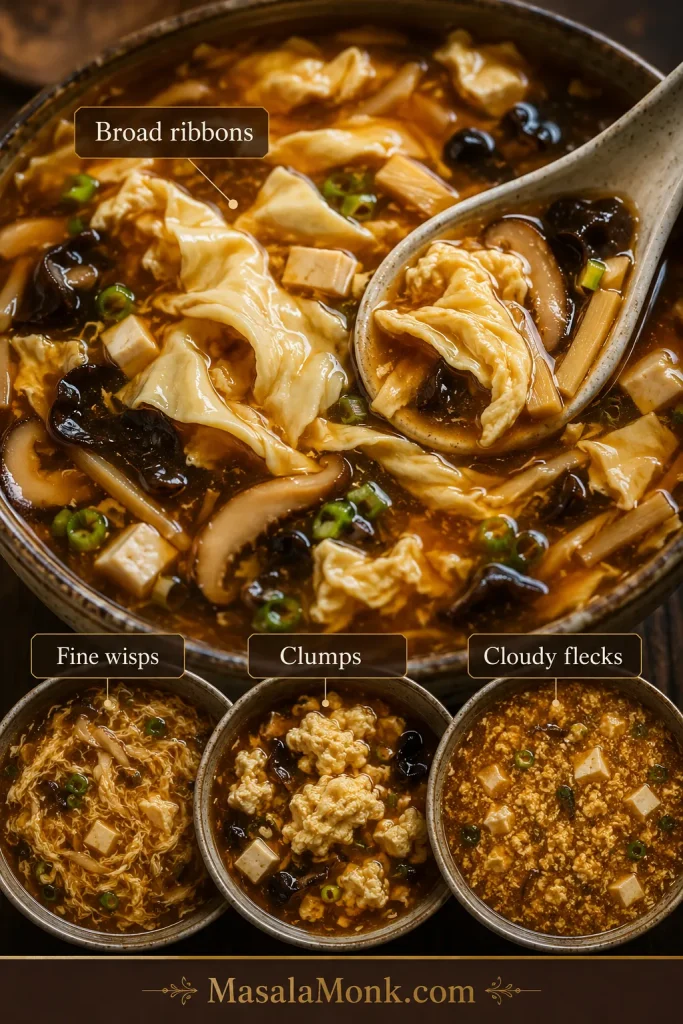 Egg texture guide with a main bowl showing broad silky egg ribbons and three smaller examples showing fine wisps, egg clumps and cloudy flecks in hot and sour soup.