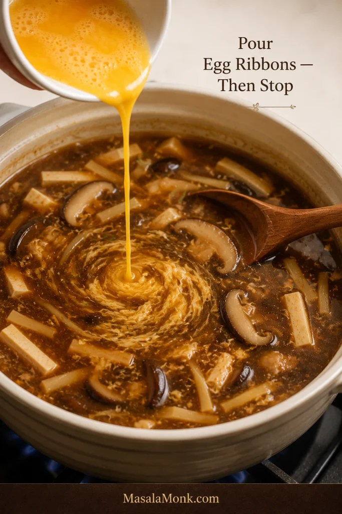 Thin stream of beaten egg being poured into glossy brown hot and sour soup with tofu and mushrooms, with a resting spoon and a cue to stop stirring while the egg sets.