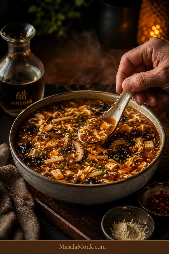 Warm close-up of a finished bowl of hot and sour soup being tasted and adjusted, with small bowls of vinegar, ground white pepper and chilli oil nearby.