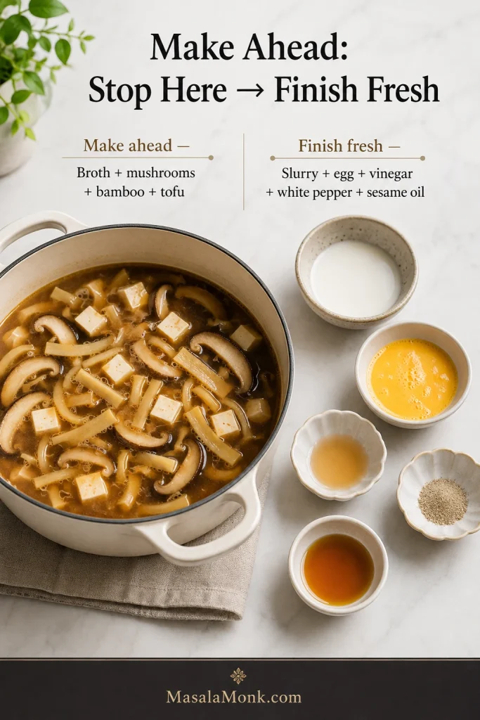 Make-ahead guide showing a pot of broth with mushrooms, bamboo and tofu beside small bowls of slurry, beaten egg, vinegar, ground white pepper and sesame oil for finishing fresh.