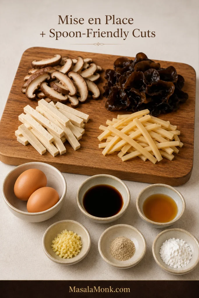 Prep board with sliced shiitake, wood ear mushrooms, tofu strips, bamboo shoots, grated ginger, eggs, soy sauce, vinegar, white pepper and cornstarch arranged as soup mise en place.