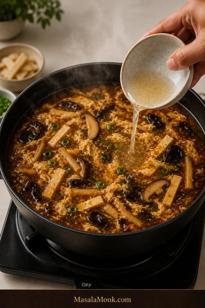 Hand pouring a pale vinegar and ground white pepper mixture into a steaming pot of finished hot and sour soup on a stovetop with the burner visibly off.