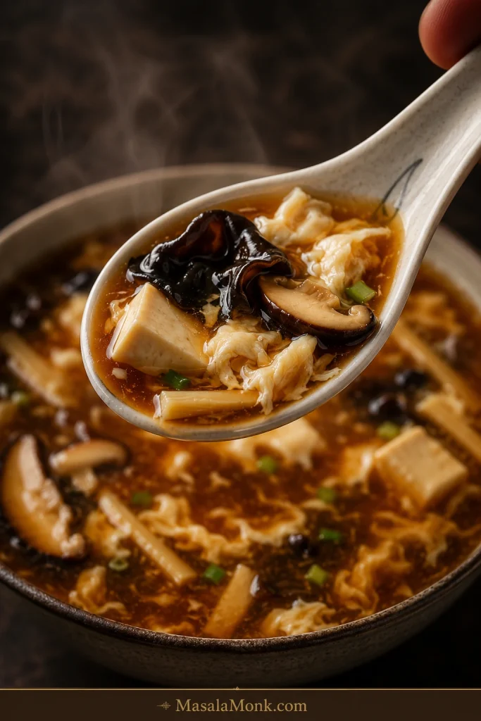 Porcelain spoon held above a bowl of hot and sour soup, carrying glossy brown broth, tofu, shiitake, dark wood ear mushroom, bamboo, soft egg ribbons and a small piece of scallion.