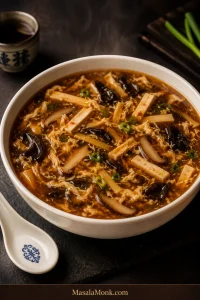 White ceramic bowl of glossy deep amber-brown hot and sour soup with egg ribbons, tofu, shiitake, wood ear mushrooms, bamboo shoots and scallions on a dark tabletop, with steam rising.
