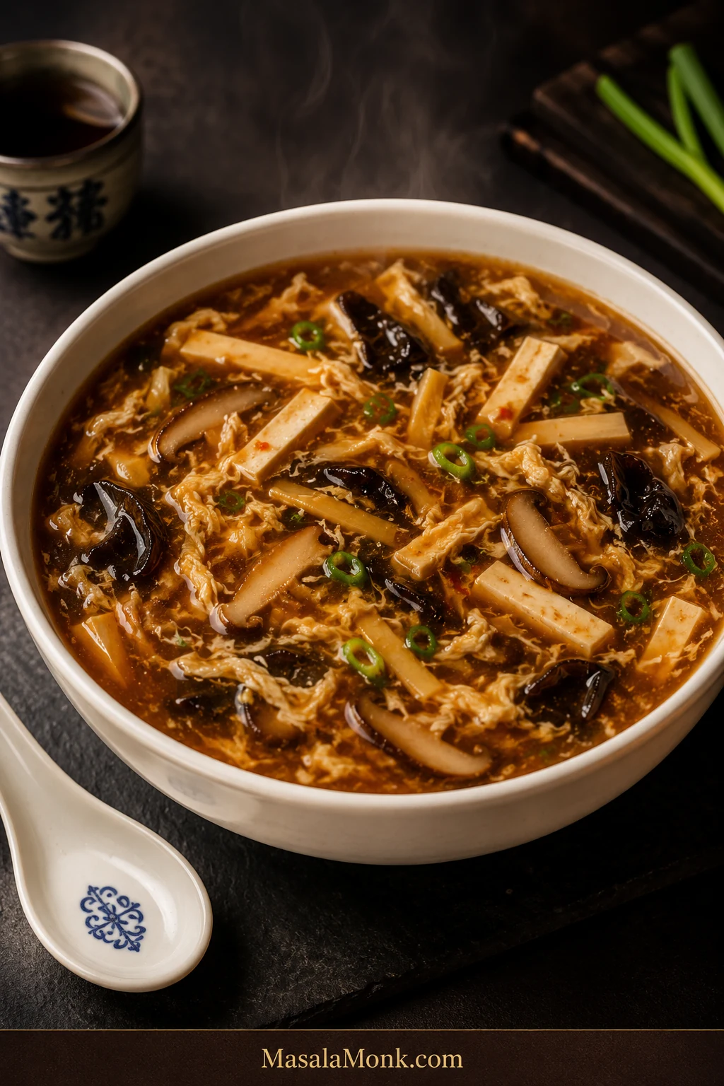 White ceramic bowl of glossy deep amber-brown hot and sour soup with egg ribbons, tofu, shiitake, wood ear mushrooms, bamboo shoots and scallions on a dark tabletop, with steam rising.