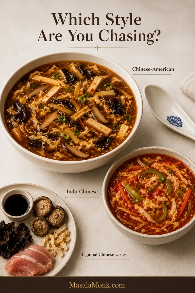 Comparison guide with a dominant Chinese-American hot and sour soup bowl, a redder vegetable-heavy Indo-Chinese bowl, and regional Chinese ingredient cues including black vinegar and dried mushrooms.