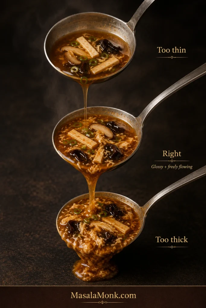 Three ladles show hot and sour soup at different consistencies: watery and thin, glossy and freely flowing, and very thick and gloopy.