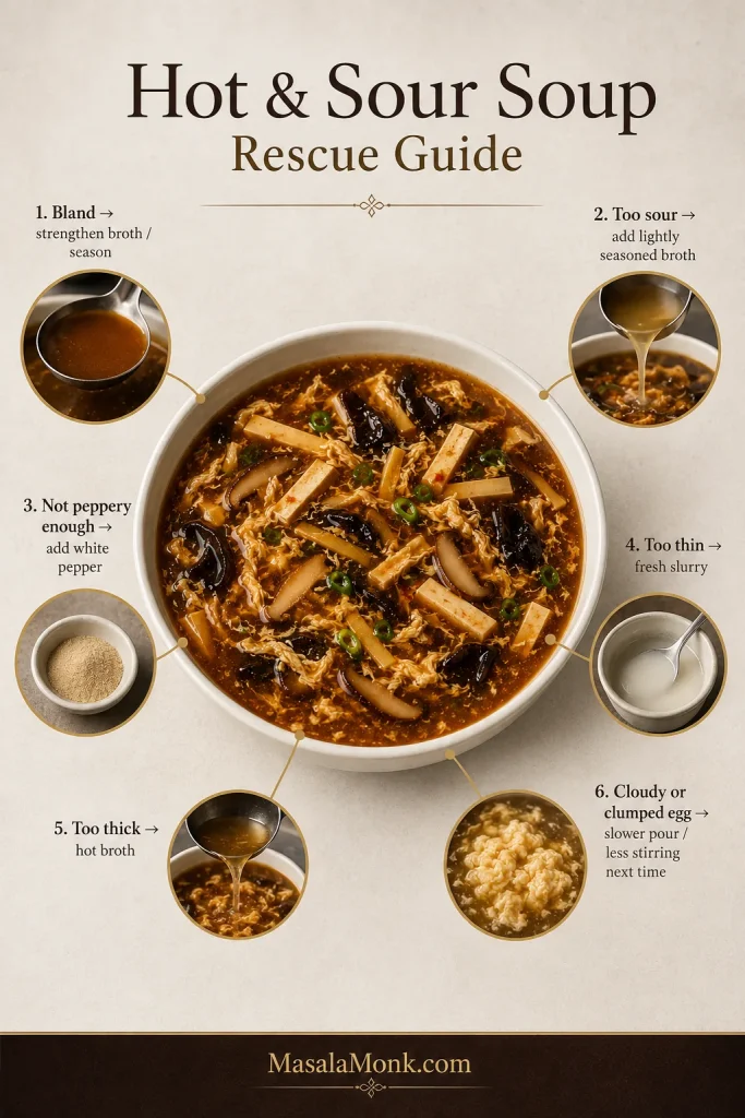 Hot and Sour Soup Rescue Guide with a central bowl and six callouts for bland soup, too sour, not peppery enough, too thin, too thick, and cloudy or clumped egg.