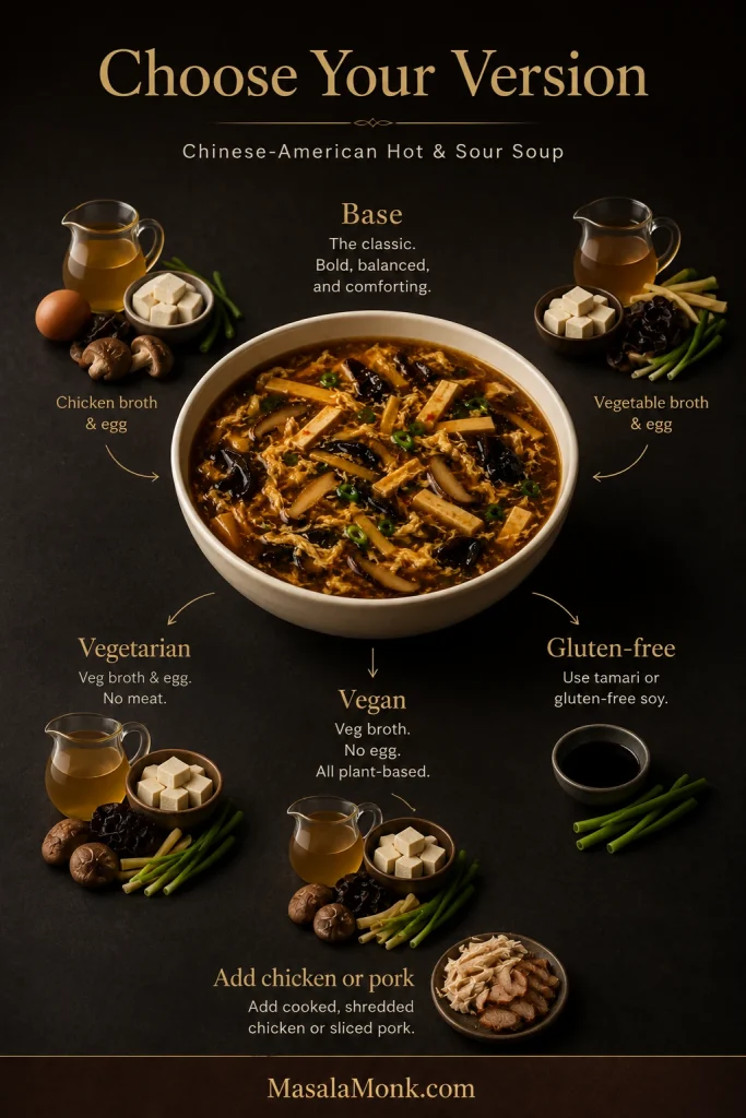 Adaptation guide centered on Chinese-American hot and sour soup with ingredient cues for the base, vegetarian, vegan, gluten-free, and optional chicken or pork versions.