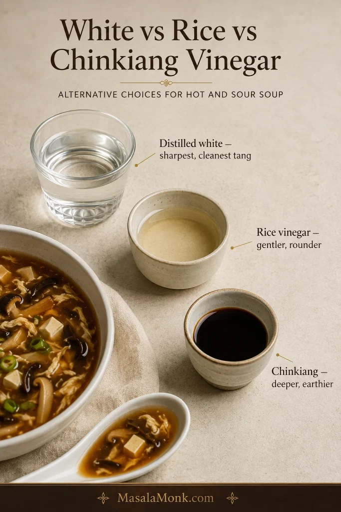 Three unbranded vessels containing clear distilled white vinegar, pale rice vinegar and dark Chinkiang vinegar beside a bowl and spoonful of finished brown soup.