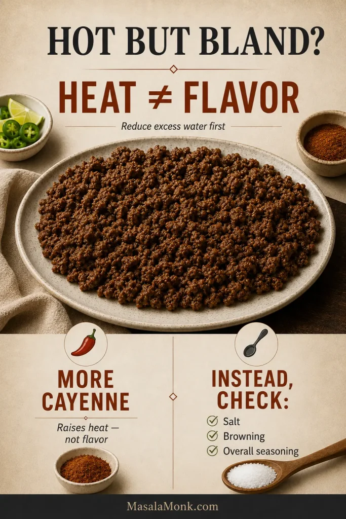 Troubleshooting graphic stating that heat is not flavor, with more cayenne contrasted against checking salt, browning, and overall seasoning.