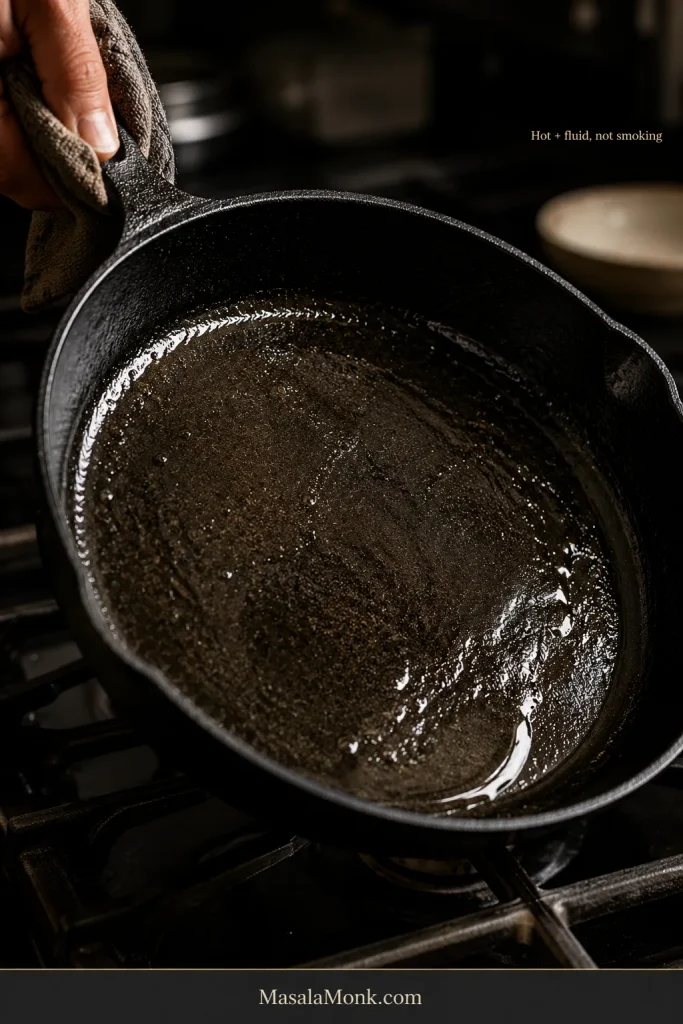Hot liquid fat coating the bottom and lower sides of a tilted black cast-iron skillet on a stovetop.