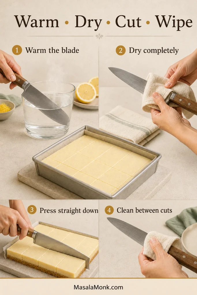 Four steps show a straight knife warmed in hot water, dried with a towel, pressed through lemon bars and wiped clean.