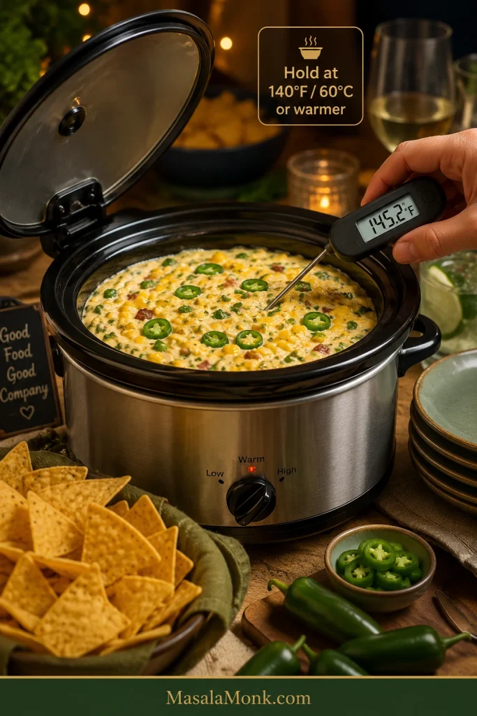 Slow cooker filled with creamy corn dip at a party table while a digital probe thermometer in the dip reads 145.2 degrees Fahrenheit; text says to hold at 140°F or 60°C or warmer.