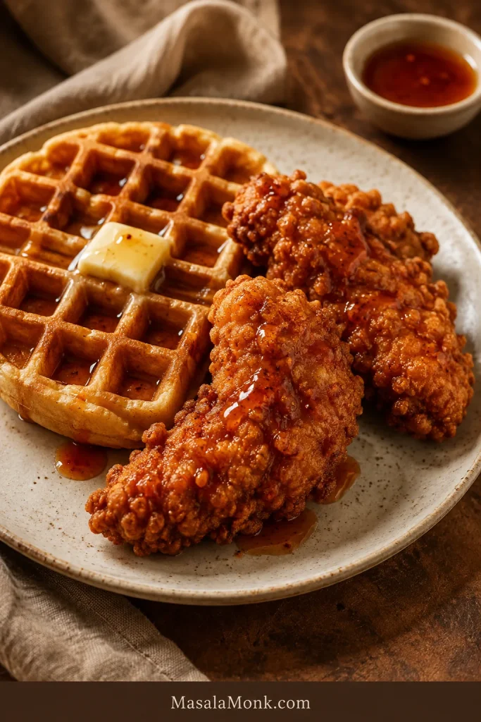 Hot honey chicken tenders beside a golden waffle with butter, thin hot-honey drizzle, and a small bowl of extra sauce.
