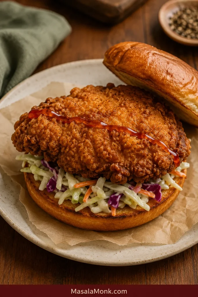 An open crispy chicken sandwich with one thin line of translucent amber-red hot honey across the filling and the top bun set aside.