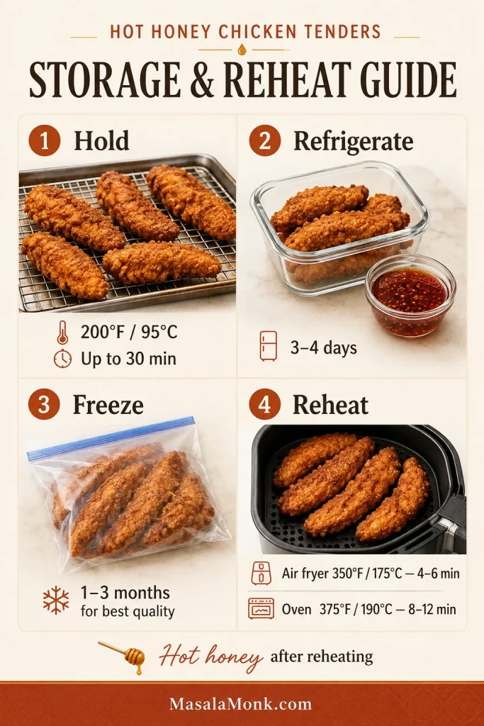 Four-part guide showing fried chicken held on a rack, refrigerated with sauce separate, frozen, and reheated in an air fryer.