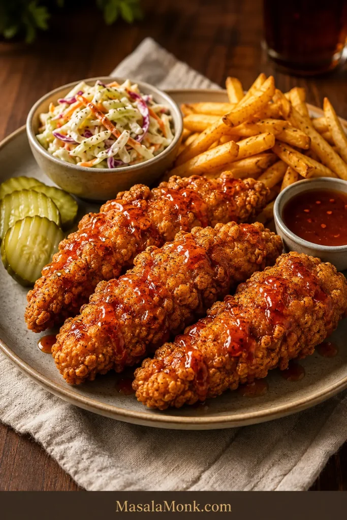 Plate of hot honey chicken tenders with fries, creamy coleslaw, pickle slices, and a small bowl of extra sauce.