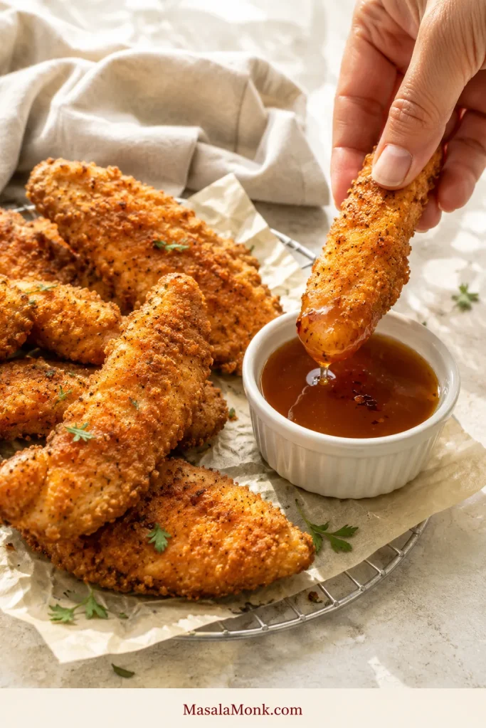 A crisp chicken tender being dipped into a small ramekin of smooth hot honey while the remaining tenders stay unsauced.