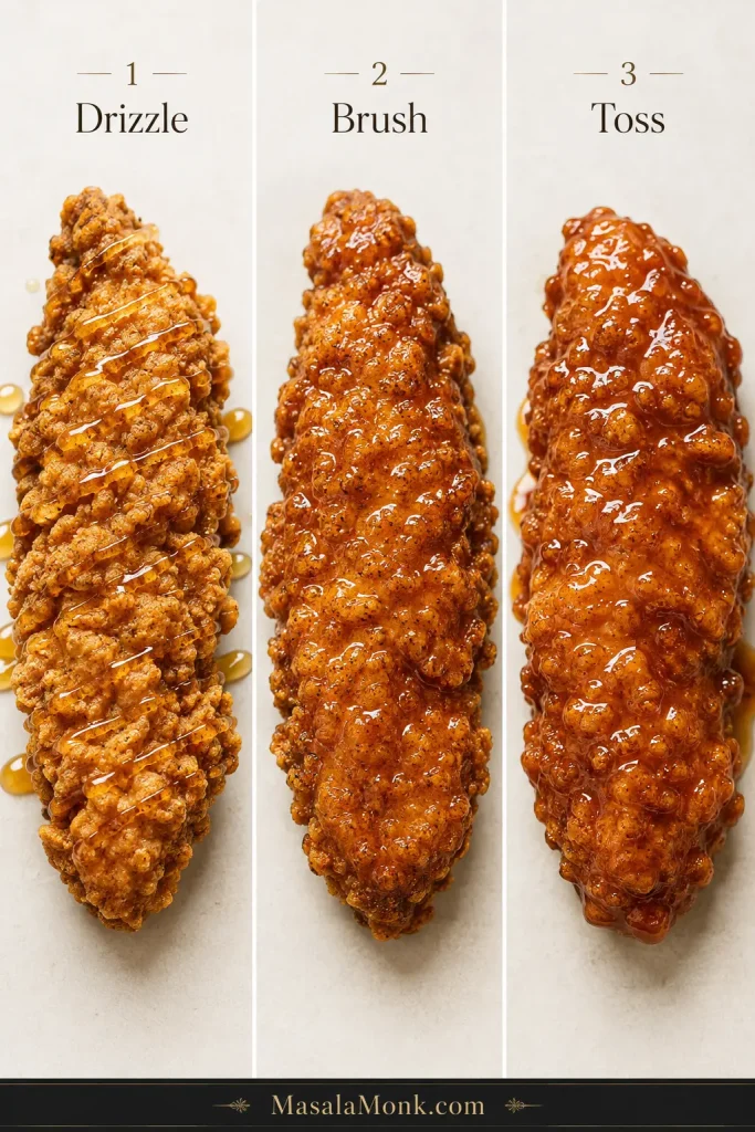 Three-panel comparison of fried chicken tenders with drizzled, brushed, and tossed hot honey, from least to most sauce coverage.