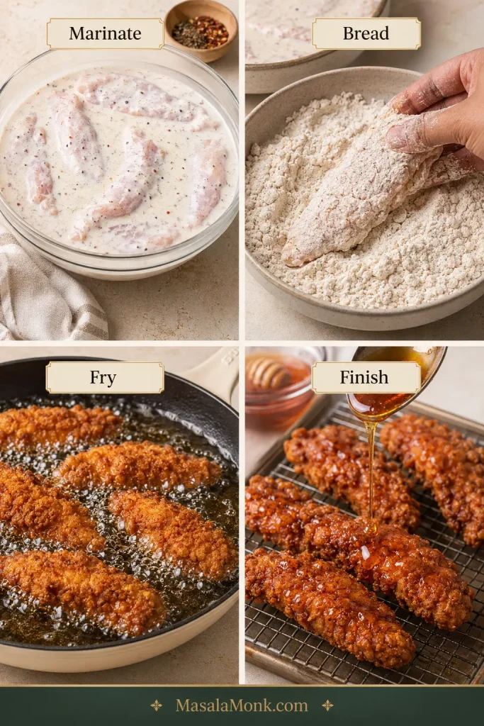 Four-step guide showing chicken marinating, being breaded, frying in oil, and finished with hot honey.